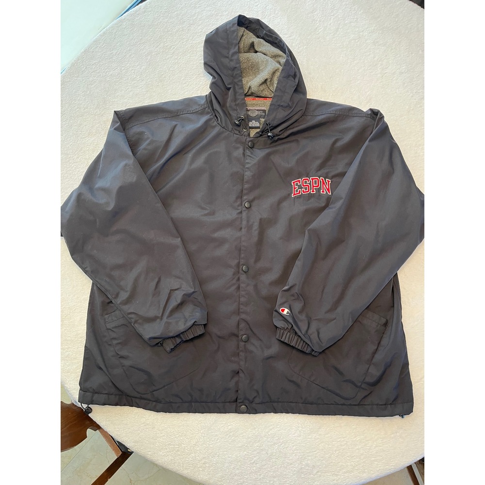 Champion ESPN Embroidered Hooded Coach Jacket Black Fleece Lined‎ Men's XXL